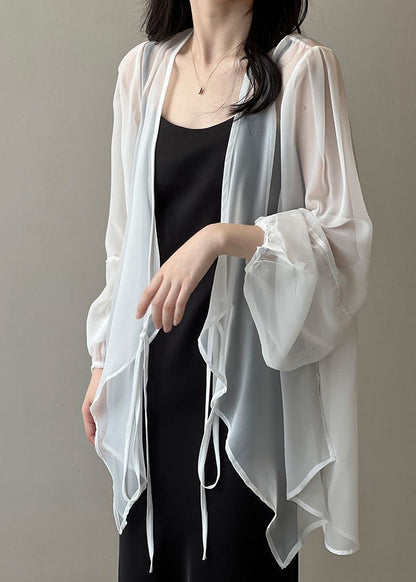 Women Black V Neck Tie Waist Chiffon UPF 50+ Cardigan Summer Ada Fashion