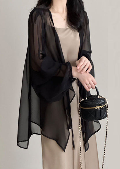 Women Black V Neck Tie Waist Chiffon UPF 50+ Cardigan Summer Ada Fashion