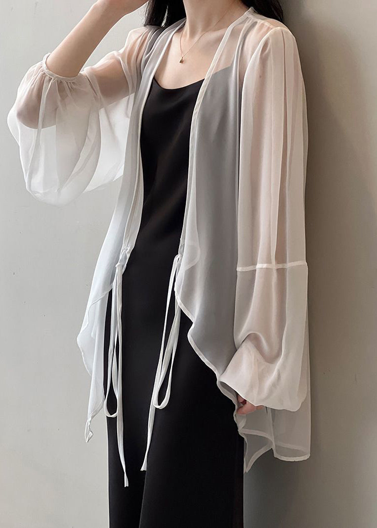 Women Black V Neck Tie Waist Chiffon UPF 50+ Cardigan Summer Ada Fashion