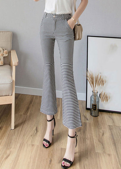 Women Black White Plaid High Waist Side Open Button Crop Pants Spring LY0169 - fabuloryshop