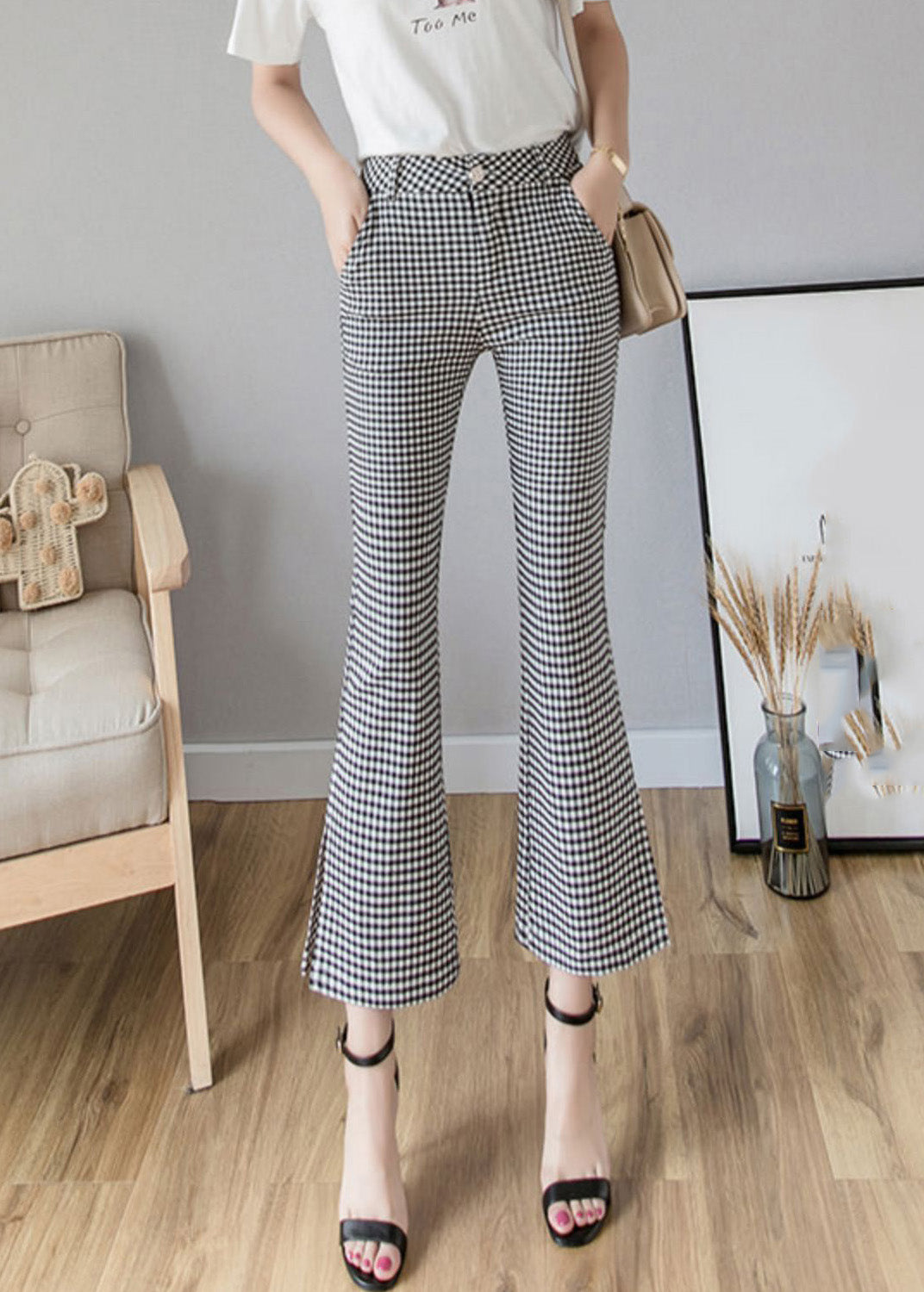 Women Black White Plaid High Waist Side Open Button Crop Pants Spring LY0169 - fabuloryshop