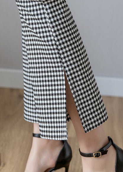 Women Black White Plaid High Waist Side Open Button Crop Pants Spring LY0169 - fabuloryshop