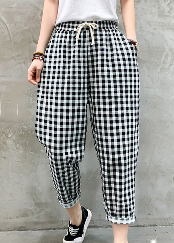 Women Black White Plaid Tie Waist Crop Beam Pants Ada Fashion