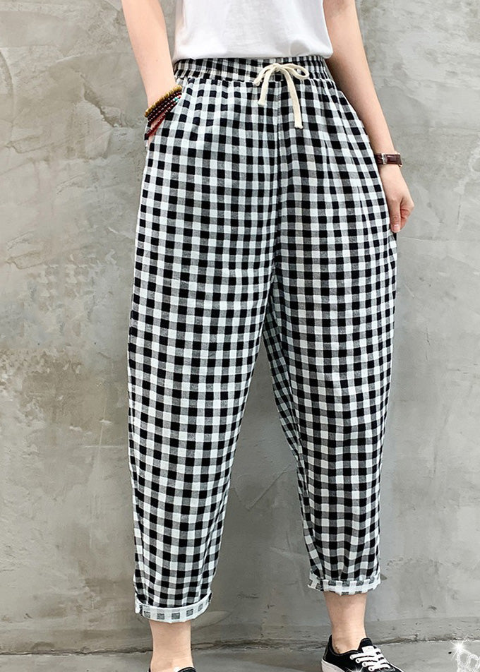 Women Black White Plaid Tie Waist Crop Beam Pants Ada Fashion