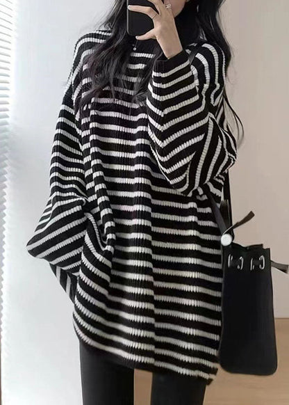 Women Black White Striped O-Neck Cozy Mid Knit Sweater Fall Ada Fashion