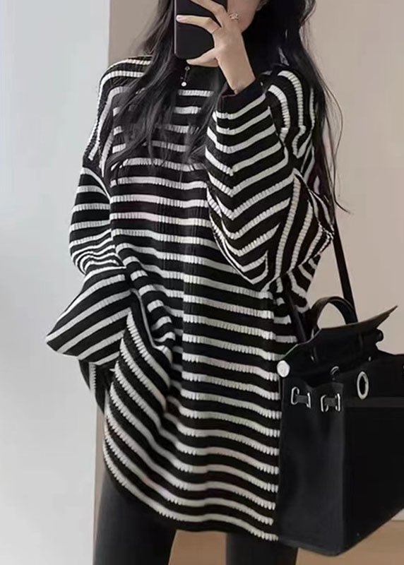 Women Black White Striped O-Neck Cozy Mid Knit Sweater Fall Ada Fashion