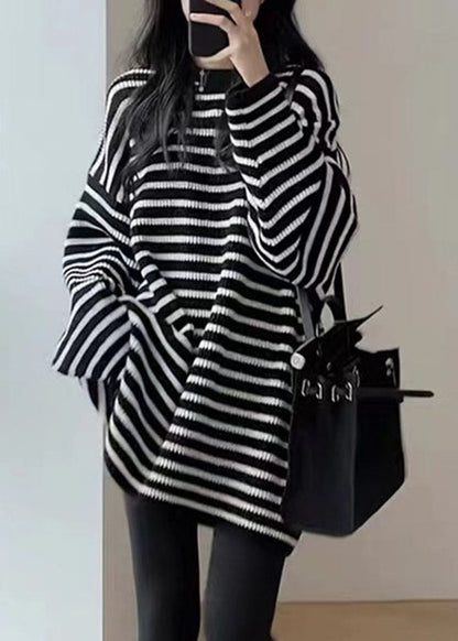 Women Black White Striped O-Neck Cozy Mid Knit Sweater Fall Ada Fashion