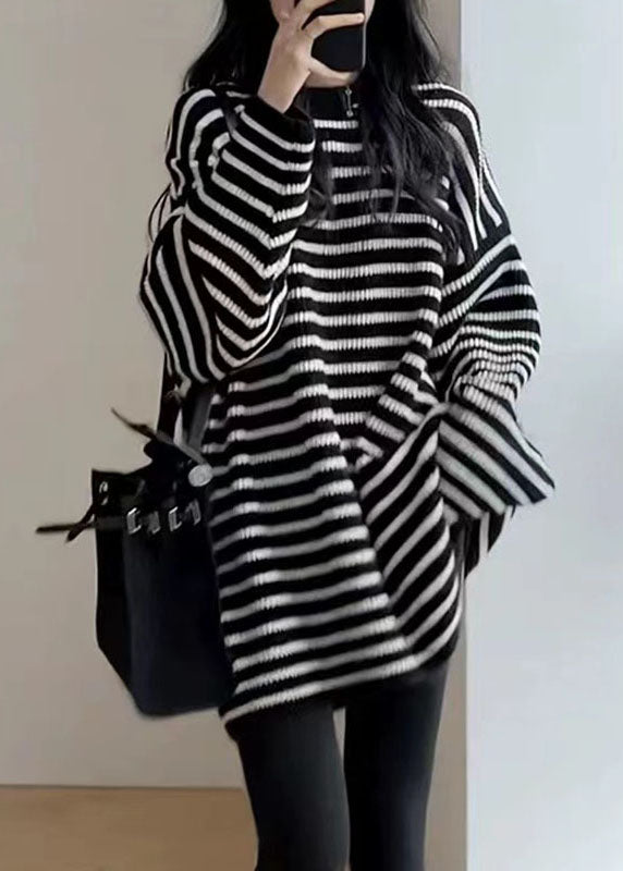 Women Black White Striped O-Neck Cozy Mid Knit Sweater Fall Ada Fashion