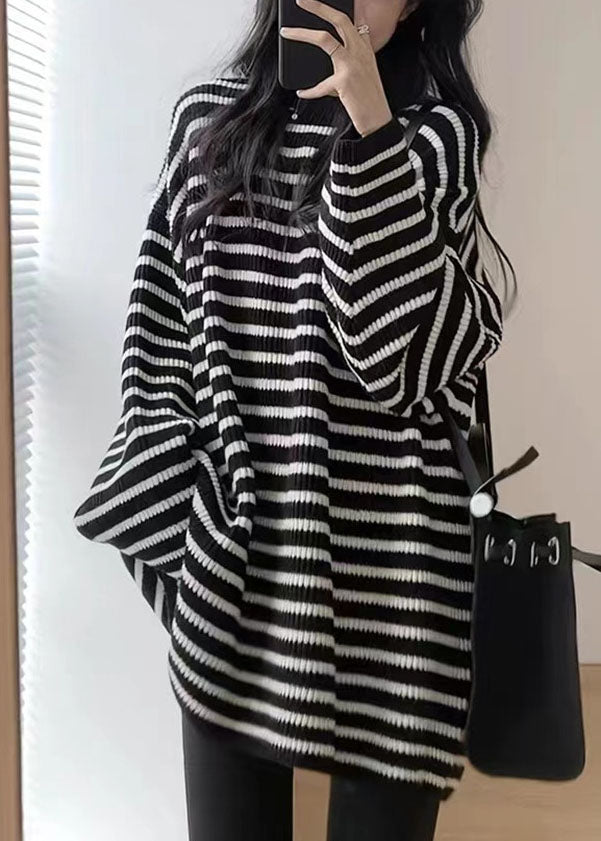 Women Black White Striped O-Neck Cozy Mid Knit Sweater Fall Ada Fashion