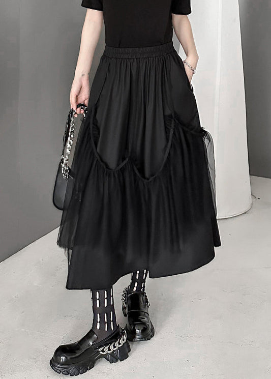 Women Black Wrinkled Pockets Elastic Waist Tulle Patchwork Skirts Fall Ada Fashion