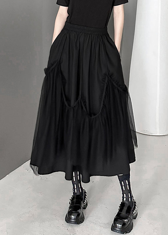 Women Black Wrinkled Pockets Elastic Waist Tulle Patchwork Skirts Fall Ada Fashion