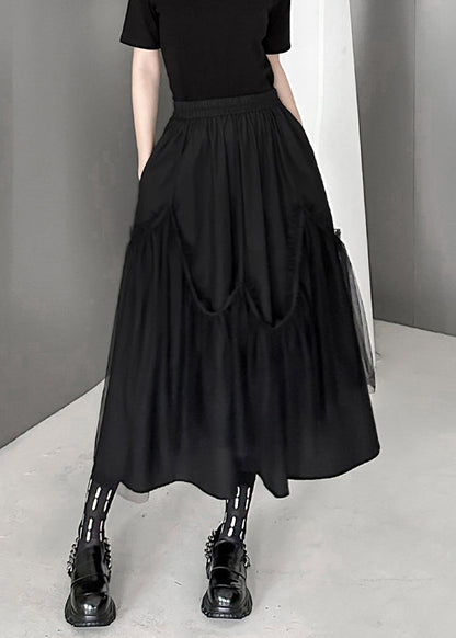 Women Black Wrinkled Pockets Elastic Waist Tulle Patchwork Skirts Fall Ada Fashion