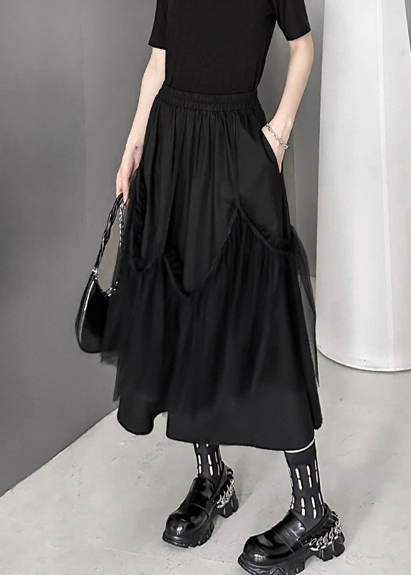 Women Black Wrinkled Pockets Elastic Waist Tulle Patchwork Skirts Fall Ada Fashion