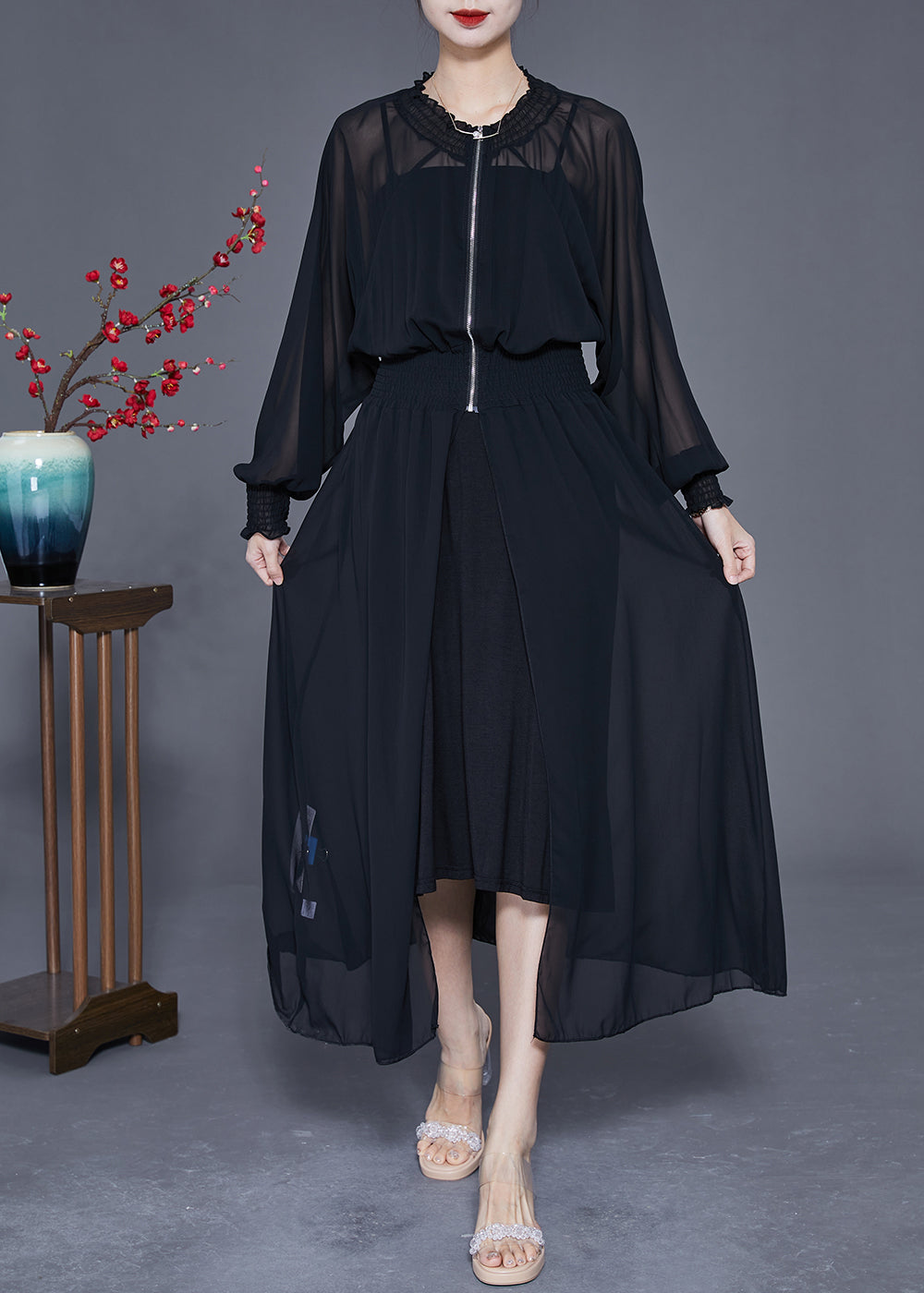 Women Black Zip Up Elastic Waist Chiffon UPF 50+ Coat Summer LY2401 - fabuloryshop