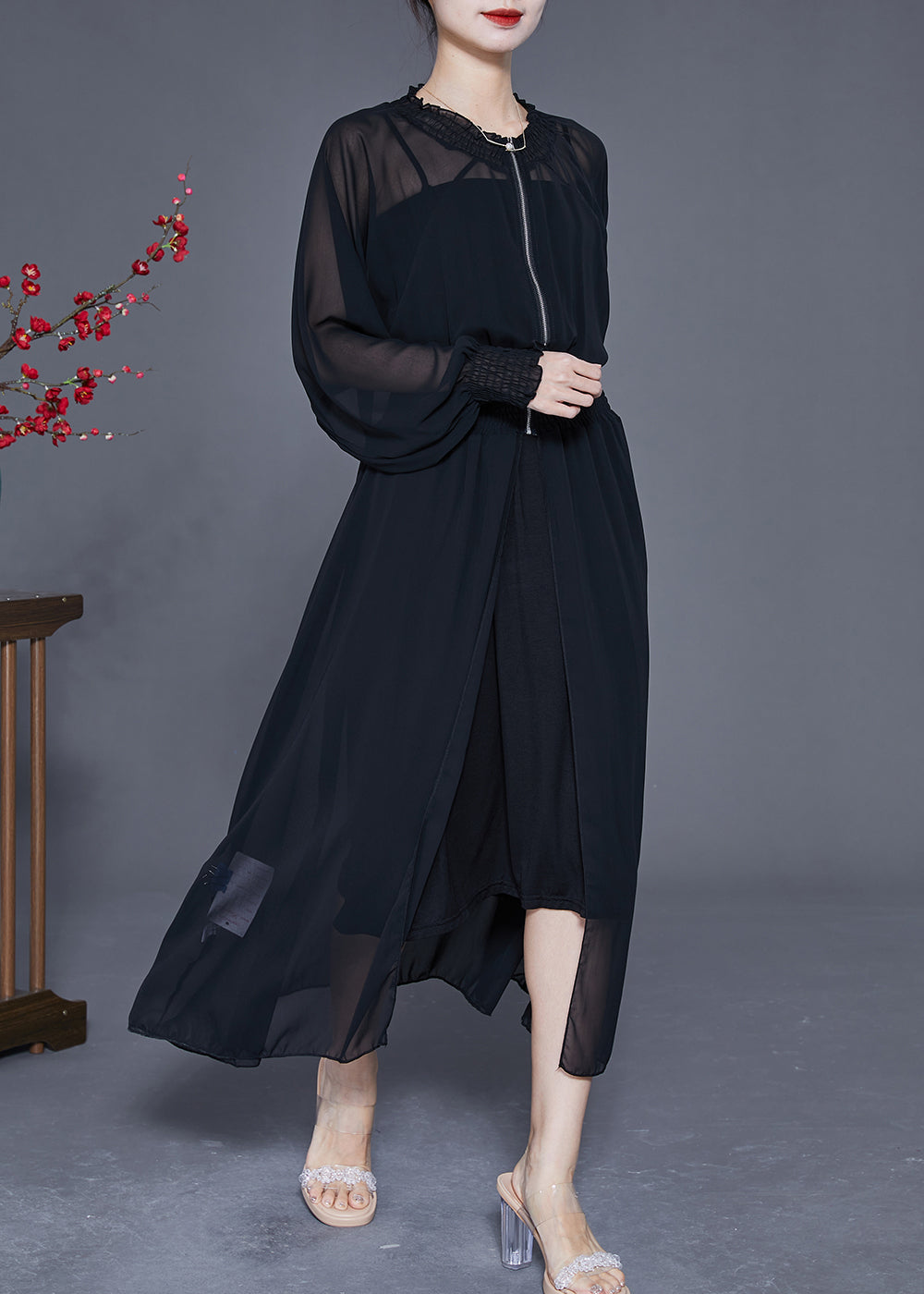 Women Black Zip Up Elastic Waist Chiffon UPF 50+ Coat Summer LY2401 - fabuloryshop