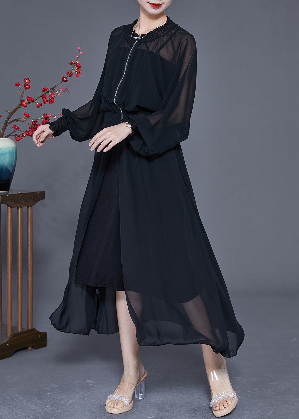 Women Black Zip Up Elastic Waist Chiffon UPF 50+ Coat Summer LY2401 - fabuloryshop