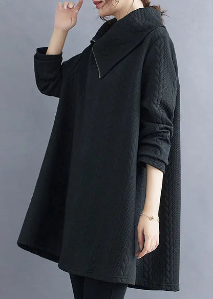 Women Black Zip Up Patchwork Cotton Top Long Sleeve Ada Fashion