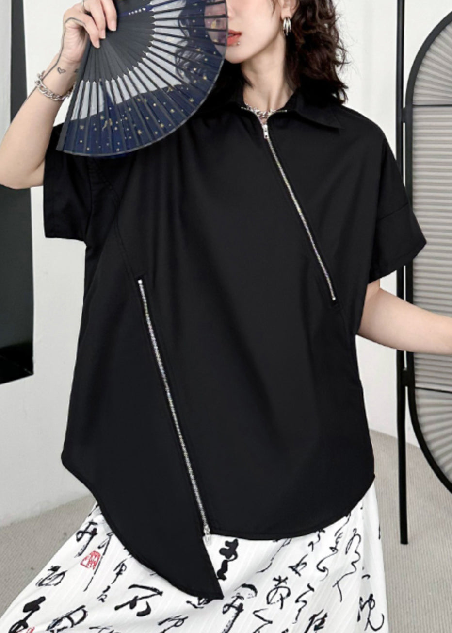 Women Black Zippered Asymmetrical Patchwork Cotton Blouses Short Sleeve Ada Fashion