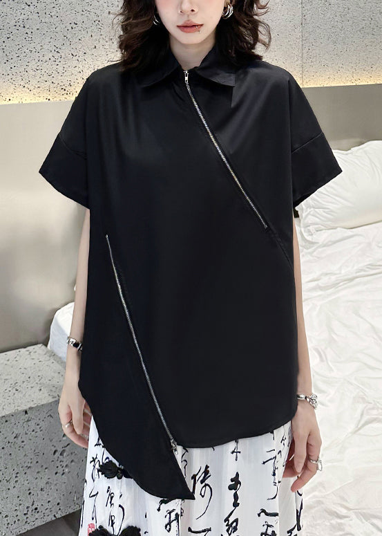 Women Black Zippered Asymmetrical Patchwork Cotton Blouses Short Sleeve Ada Fashion