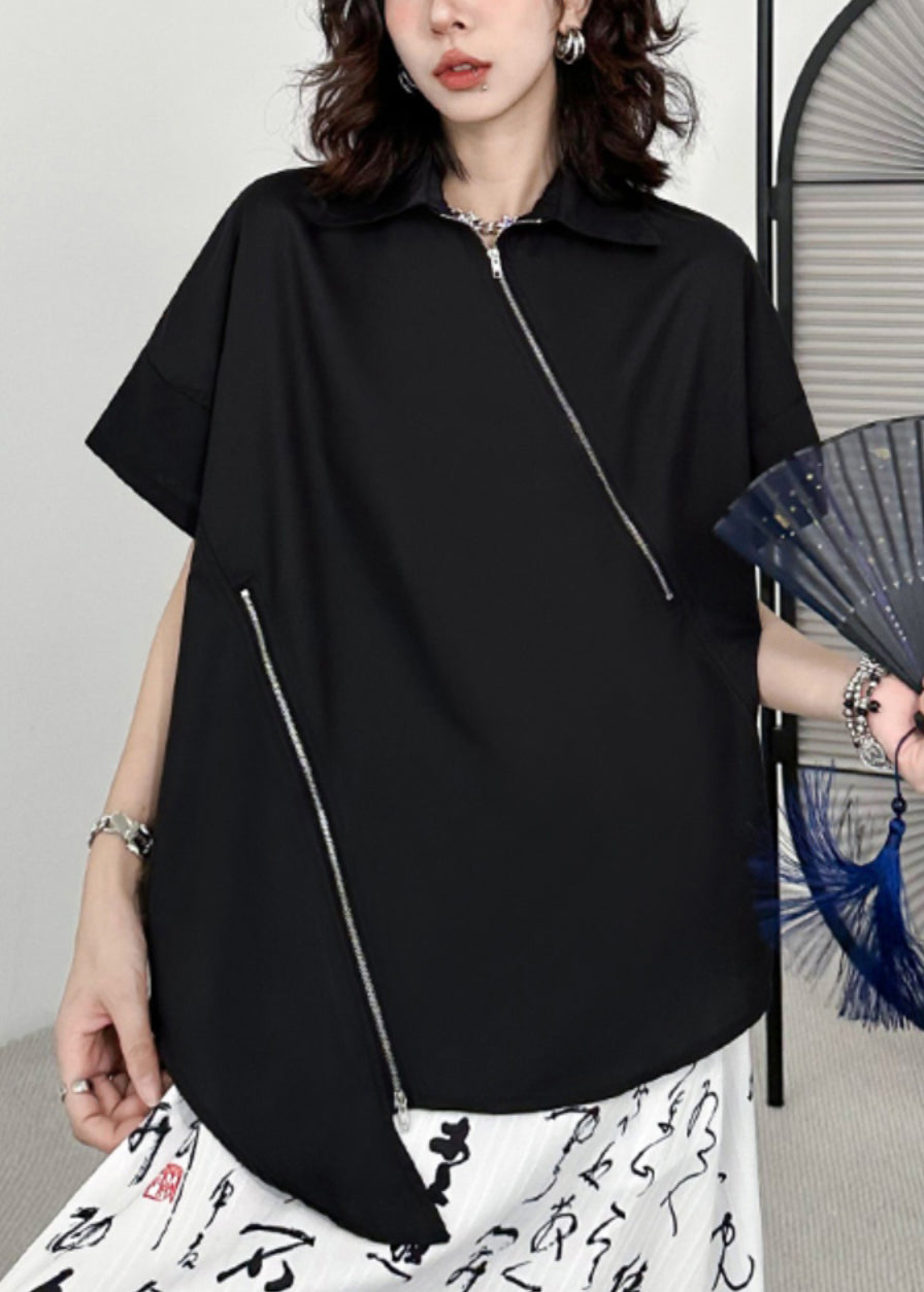 Women Black Zippered Asymmetrical Patchwork Cotton Blouses Short Sleeve Ada Fashion