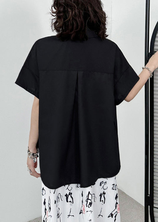 Women Black Zippered Asymmetrical Patchwork Cotton Blouses Short Sleeve Ada Fashion