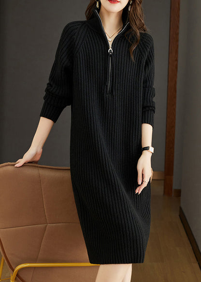 Women Black Zippered Patchwork Woolen Knit Dress Fall Ada Fashion