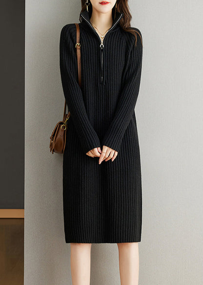 Women Black Zippered Patchwork Woolen Knit Dress Fall Ada Fashion