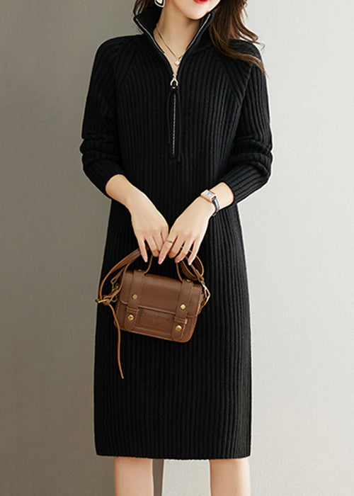 Women Black Zippered Patchwork Woolen Knit Dress Fall Ada Fashion