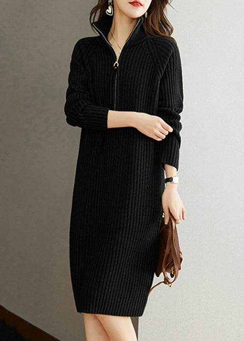 Women Black Zippered Patchwork Woolen Knit Dress Fall Ada Fashion