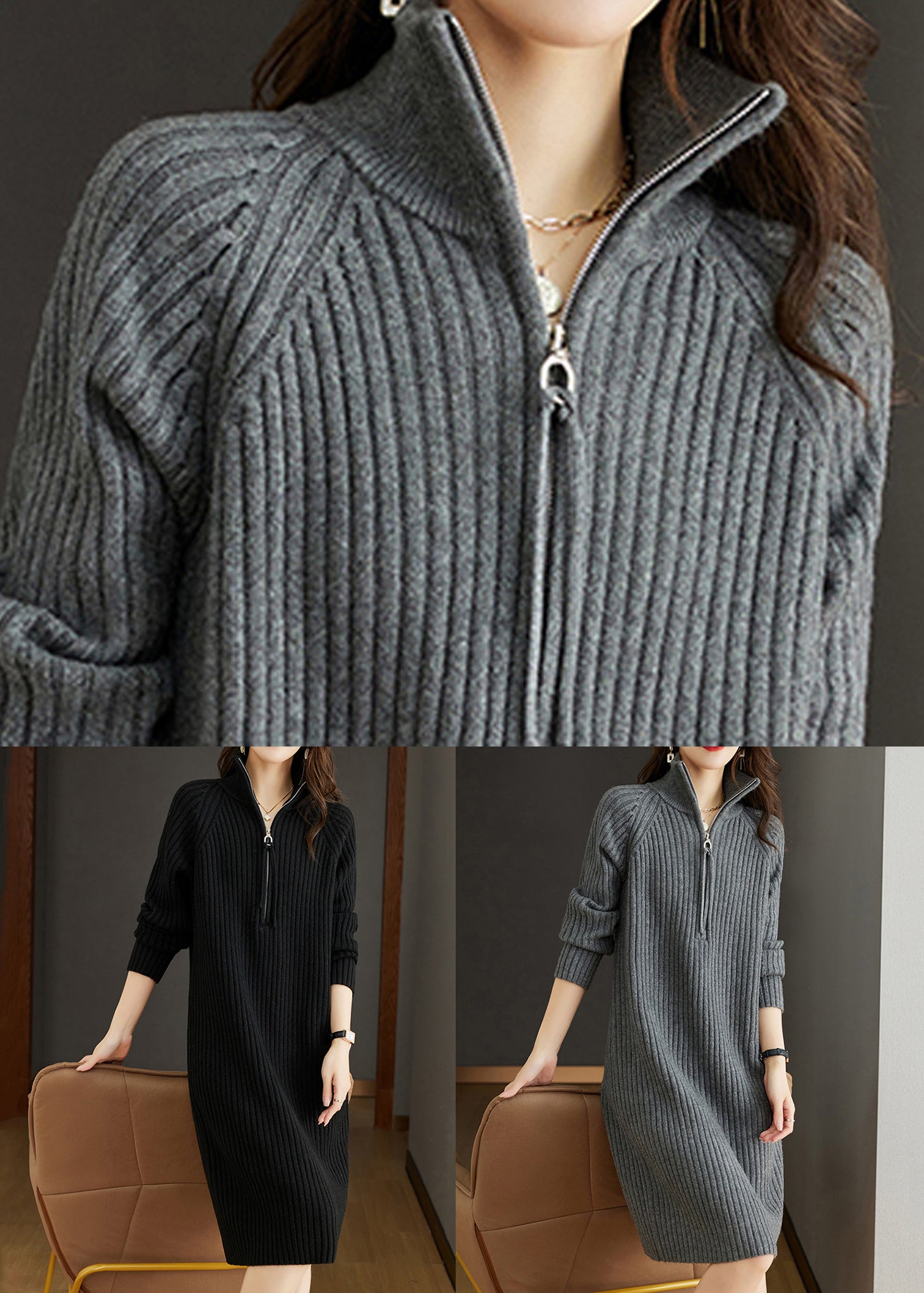 Women Black Zippered Patchwork Woolen Knit Dress Fall Ada Fashion