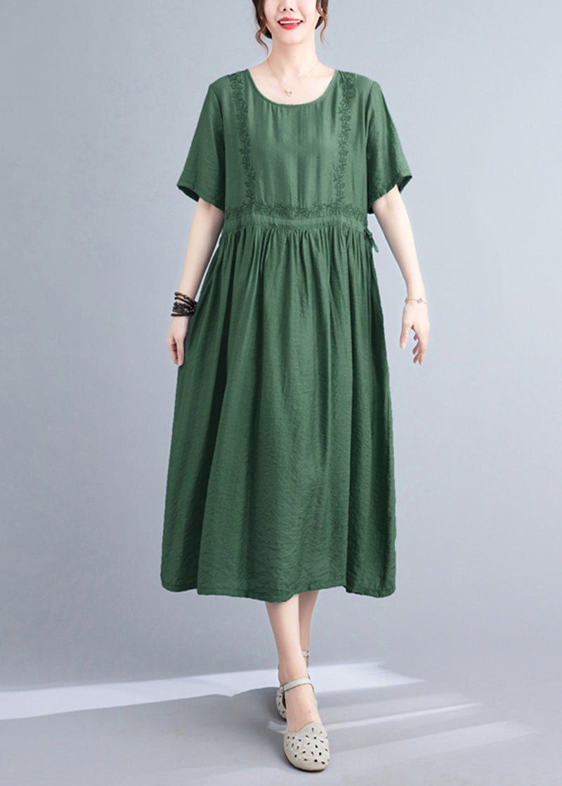 Women Blackish Green Embroideried Cinched Linen Silk Dress Summer LY5350 - fabuloryshop