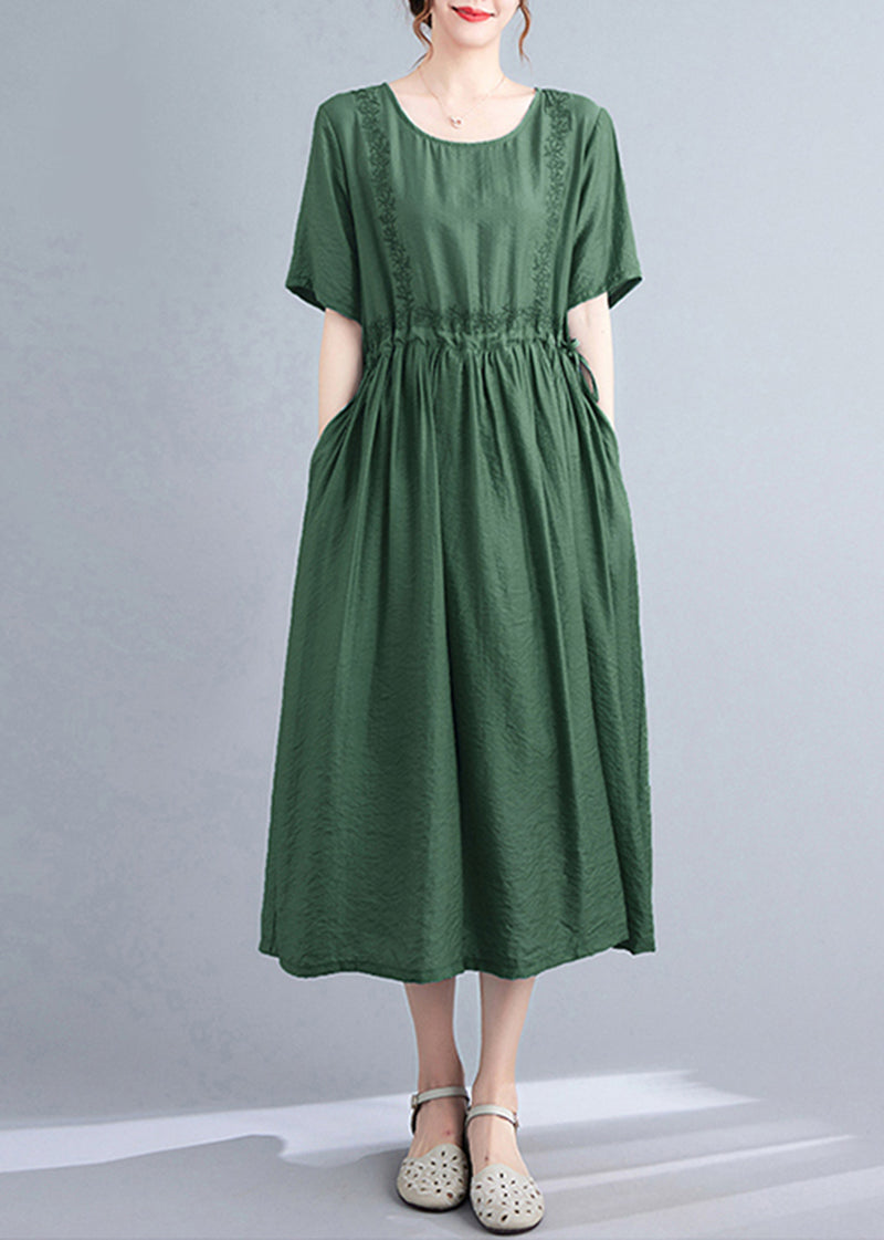 Women Blackish Green Embroideried Cinched Linen Silk Dress Summer LY5350 - fabuloryshop