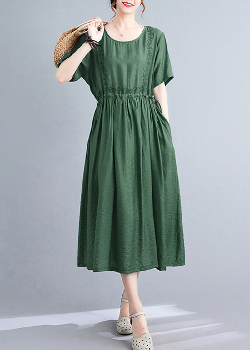 Women Blackish Green Embroideried Cinched Linen Silk Dress Summer LY5350 - fabuloryshop