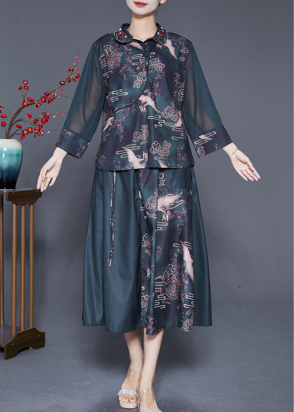 Women Blackish Green Embroideried Patchwork Print Silk Two Pieces Set Summer Ada Fashion