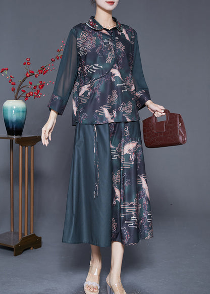 Women Blackish Green Embroideried Patchwork Print Silk Two Pieces Set Summer Ada Fashion