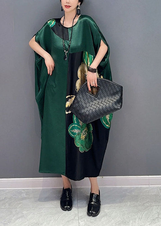 Women Blackish Green Oversized Patchwork Print Silk Dress Batwing Sleeve LY1571 - fabuloryshop