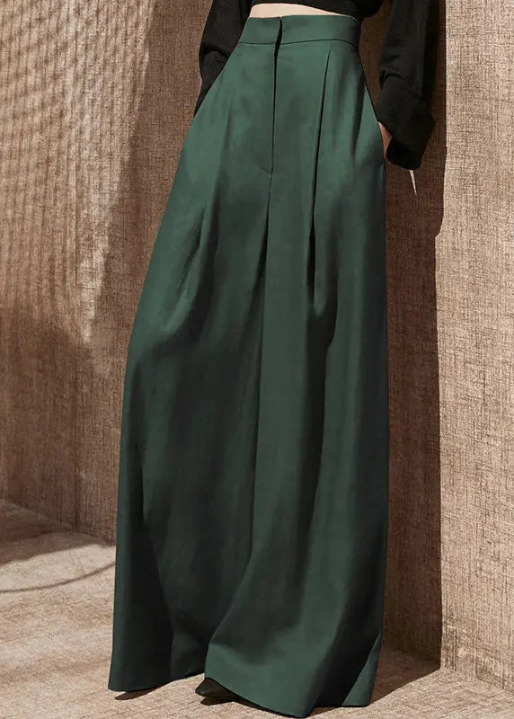 Women Blackish Green Pockets High Waist Patchwork Cotton Wide Leg Pants Fall Ada Fashion