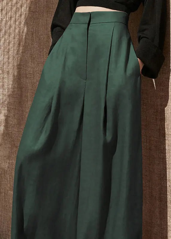 Women Blackish Green Pockets High Waist Patchwork Cotton Wide Leg Pants Fall Ada Fashion