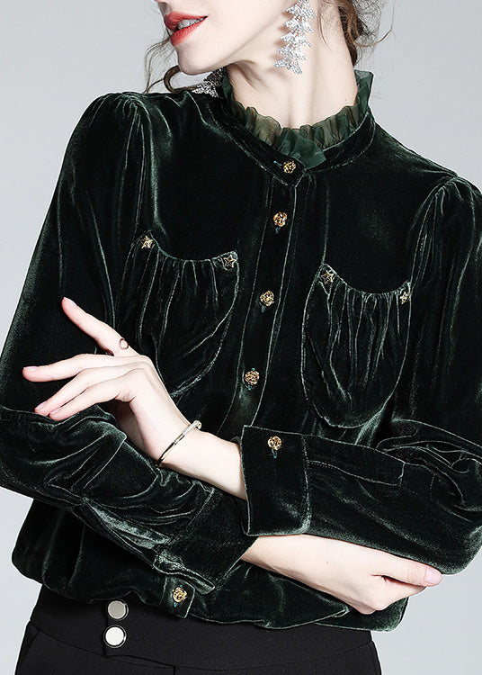 Women Blackish Green Stand Collar Button Silk Velour Shirt Long Sleeve LY1006 - fabuloryshop