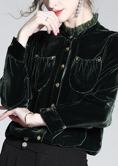 Women Blackish Green Stand Collar Button Silk Velour Shirt Long Sleeve LY1006 - fabuloryshop