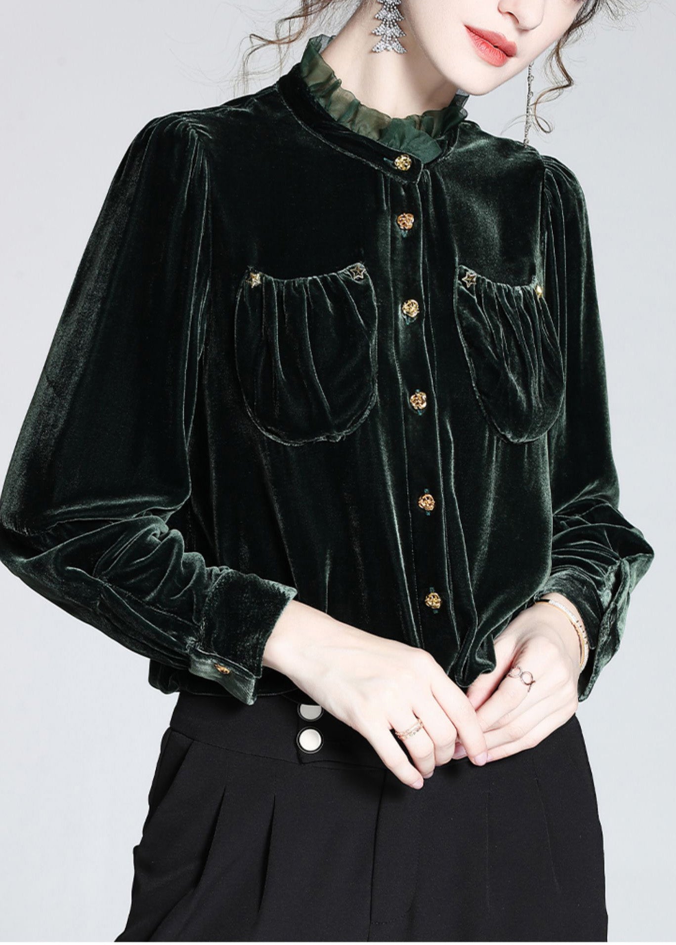 Women Blackish Green Stand Collar Button Silk Velour Shirt Long Sleeve LY1006 - fabuloryshop