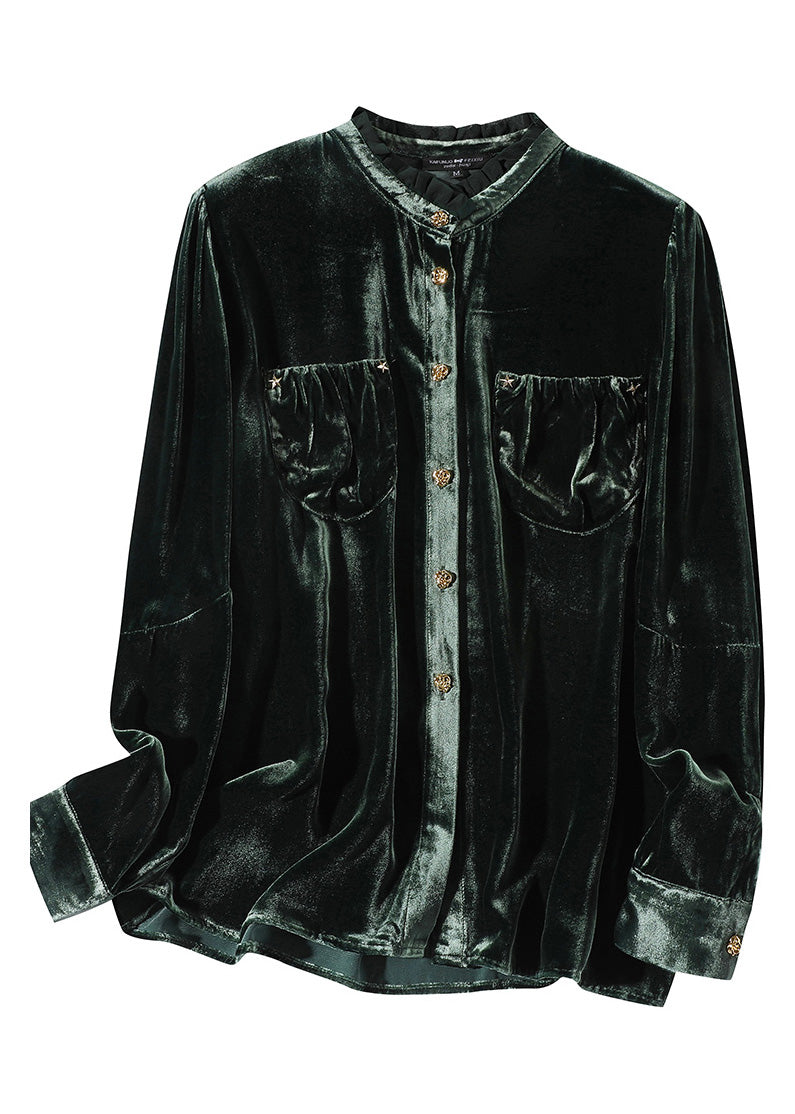 Women Blackish Green Stand Collar Button Silk Velour Shirt Long Sleeve LY1006 - fabuloryshop