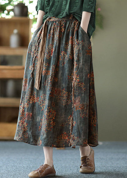 Women Blackish Green Wrinkled Pockets Patchwork Linen Skirts Summer LY6238 - fabuloryshop