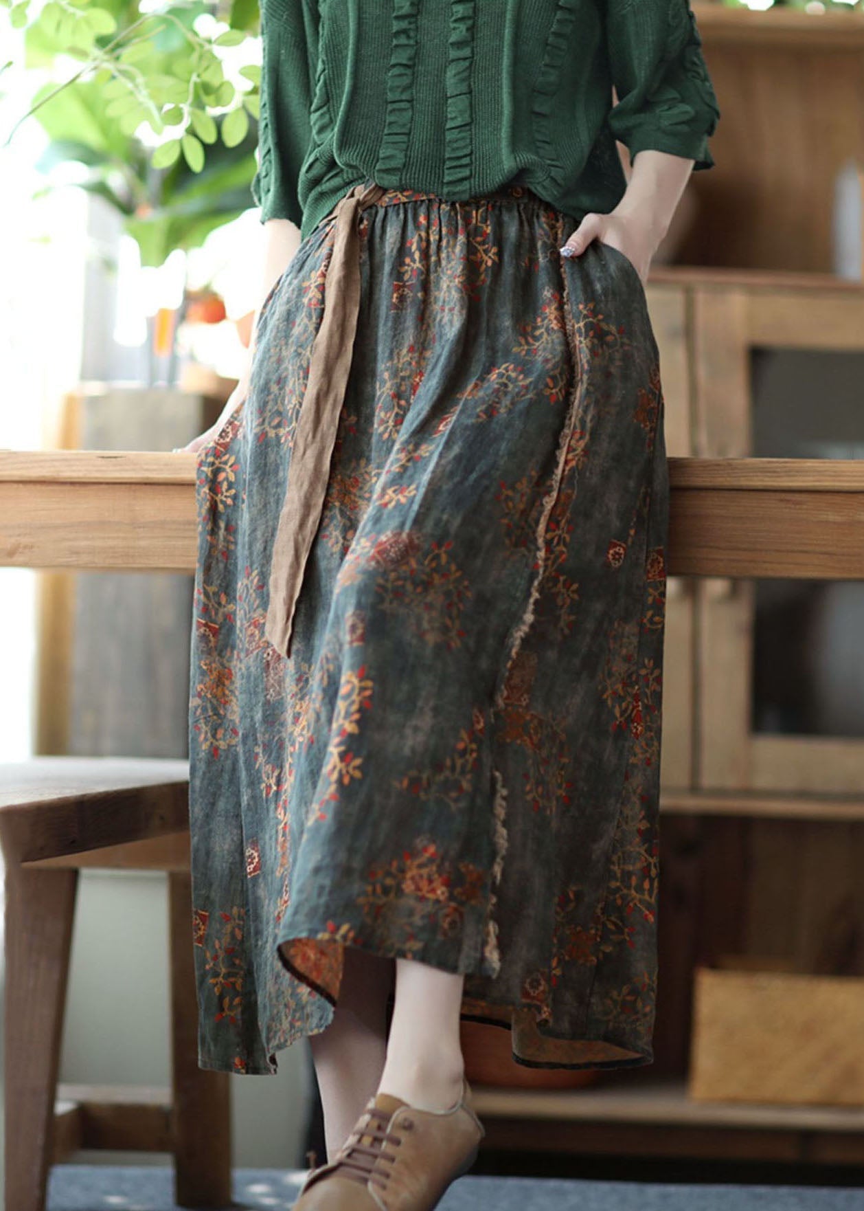 Women Blackish Green Wrinkled Pockets Patchwork Linen Skirts Summer LY6238 - fabuloryshop