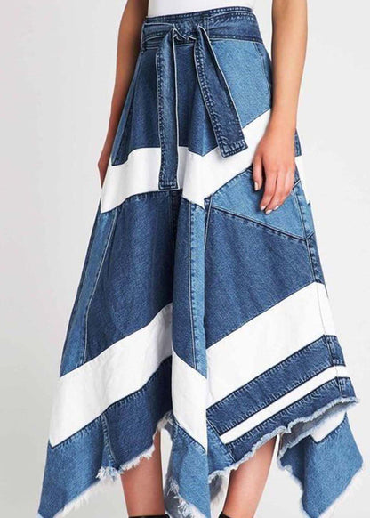 Women Blue Asymmetrical Patchwork Denim A Line Skirts Summer LY4027 - fabuloryshop