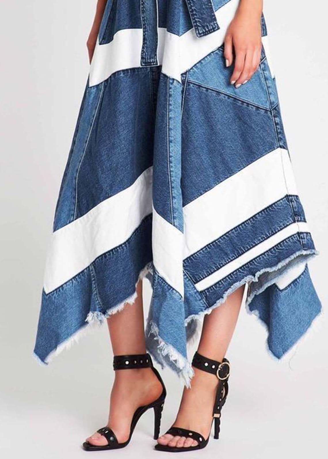 Women Blue Asymmetrical Patchwork Denim A Line Skirts Summer LY4027 - fabuloryshop