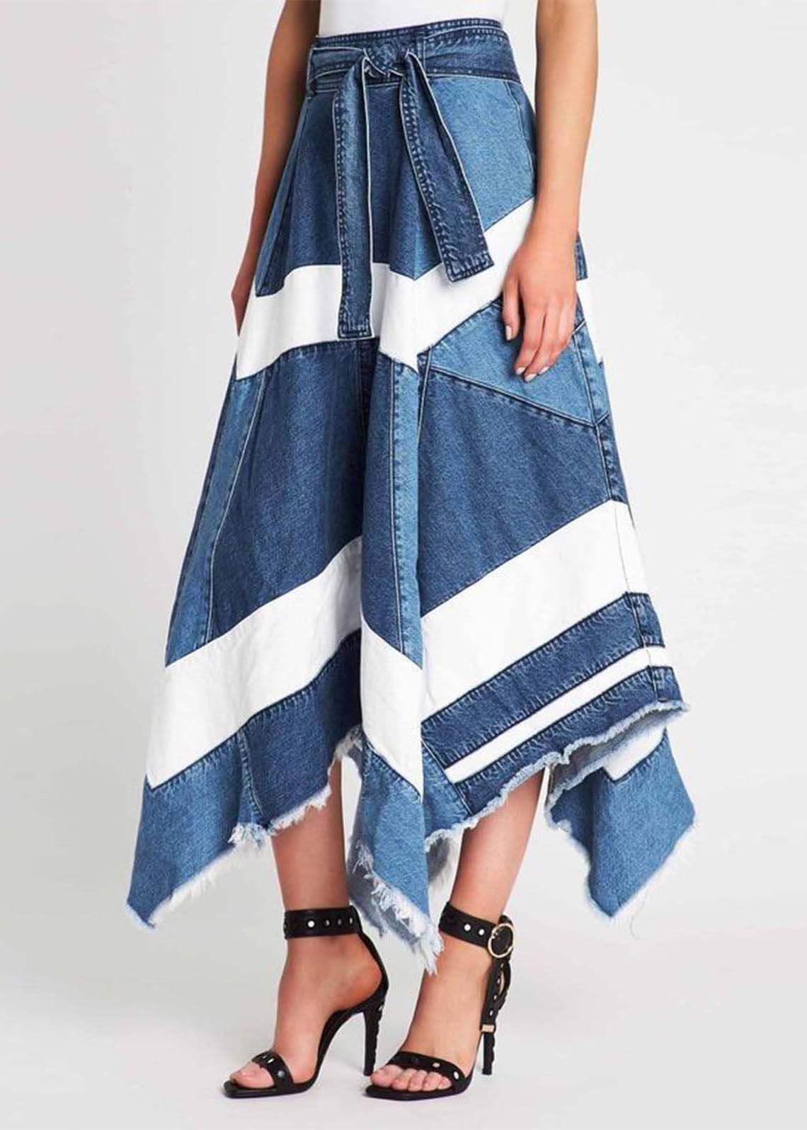 Women Blue Asymmetrical Patchwork Denim A Line Skirts Summer LY4027 - fabuloryshop