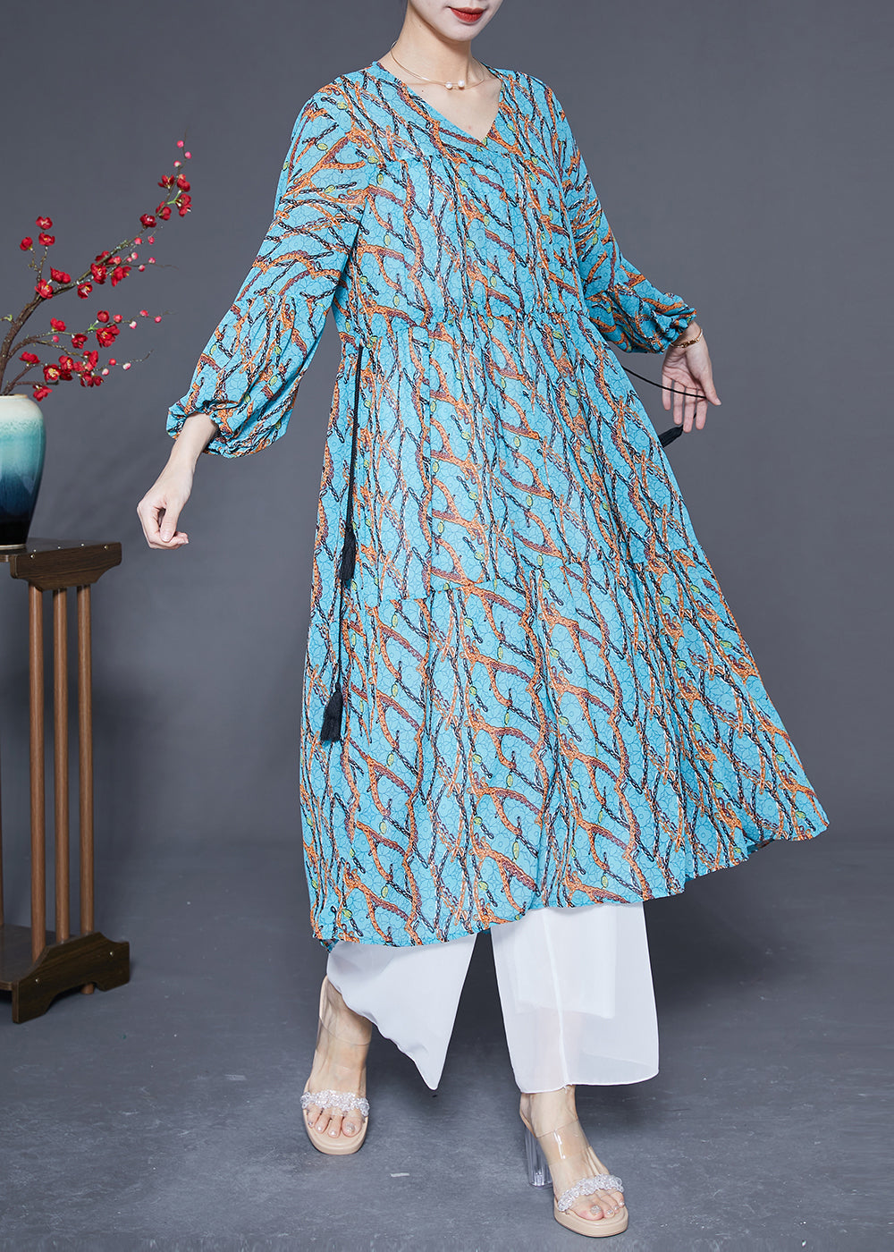 Women Blue Cinched Print Chiffon Holiday Dress Spring LY2867 - fabuloryshop