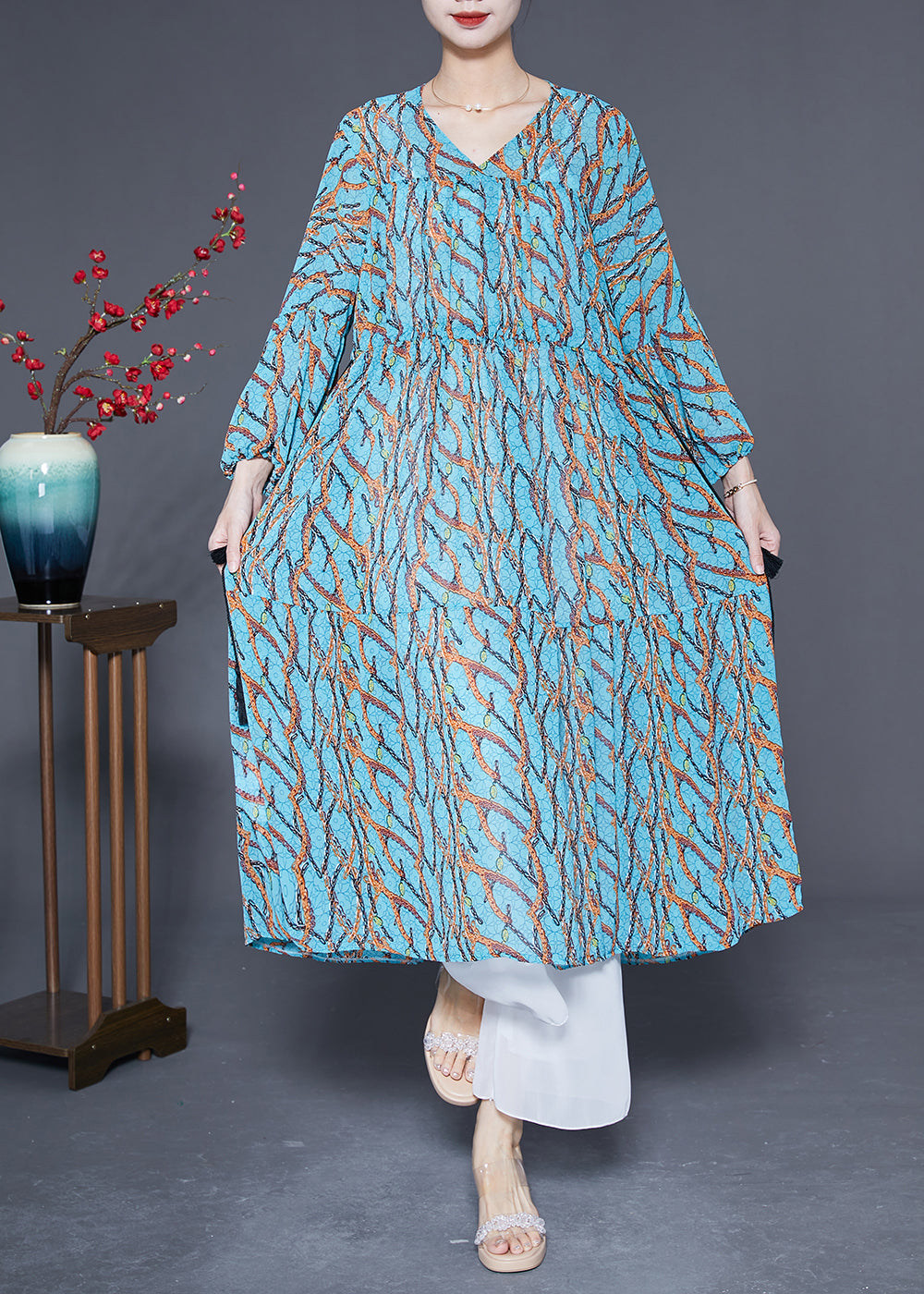 Women Blue Cinched Print Chiffon Holiday Dress Spring LY2867 - fabuloryshop