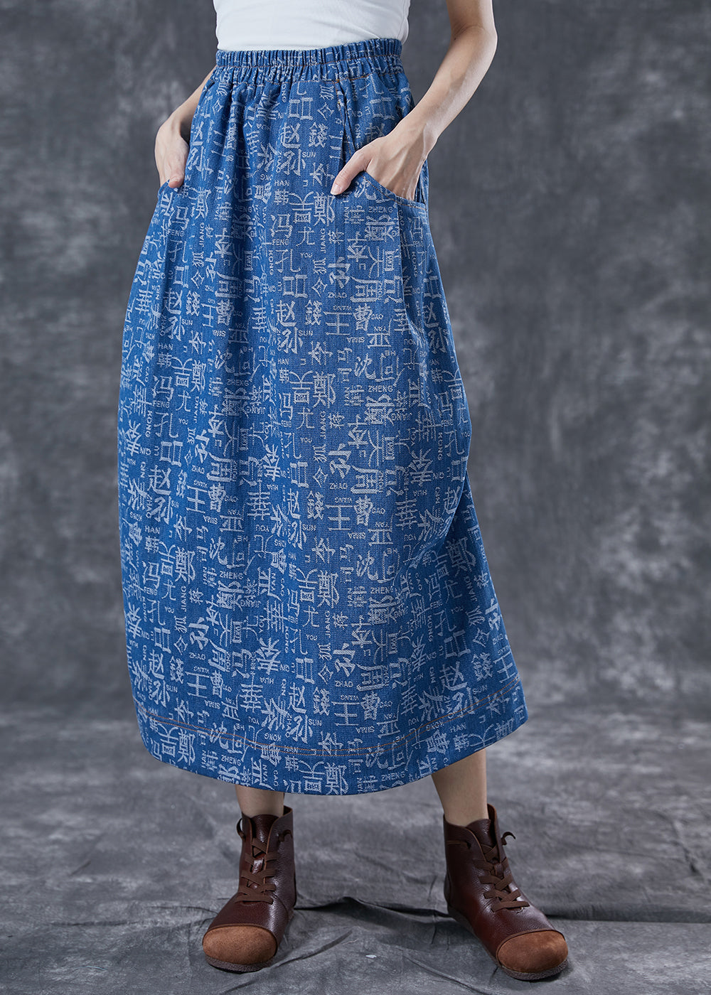 Women Blue Elastic Waist Print Denim Skirts Summer LY4038 - fabuloryshop